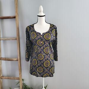 Boho Navy Blue Lightweight 3/4 Button Pullover Top Shirt L